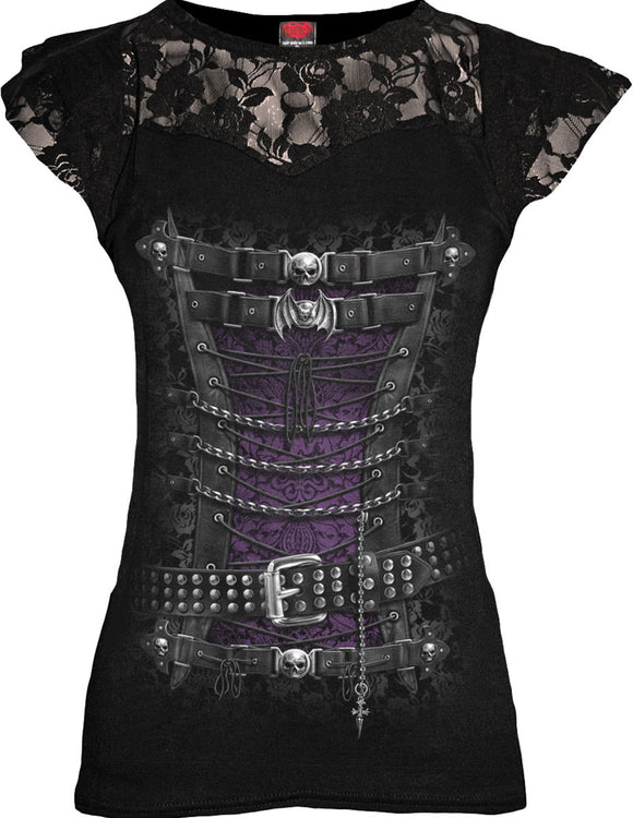 SPIRAL WAISTED CORSET - Lace Layered Cap Sleeve Top Black Sajaroo Gifts