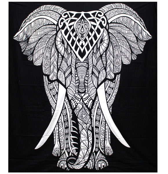 B&W Double Cotton Bedspread + Wall Hanging - Elephant Sajaroo Gifts