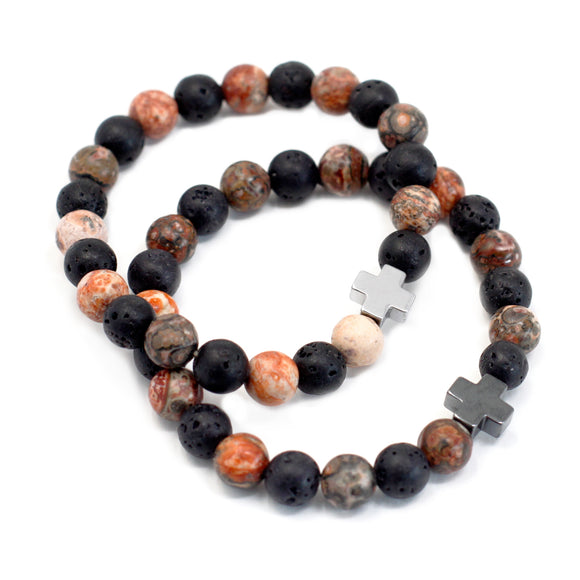 Set of 2 Gemstones Friendship Bracelets - Eternity - Leopard Skin Jasper & Lava Stone Sajaroo Gifts