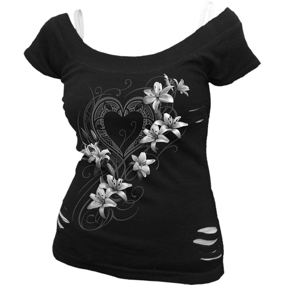 PURE OF HEART - 2in1 White Ripped Top Black Spiral